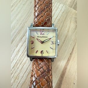 Tommy Bahama ladies square 925 silver brown leather Swiss watch NEW BATTERY